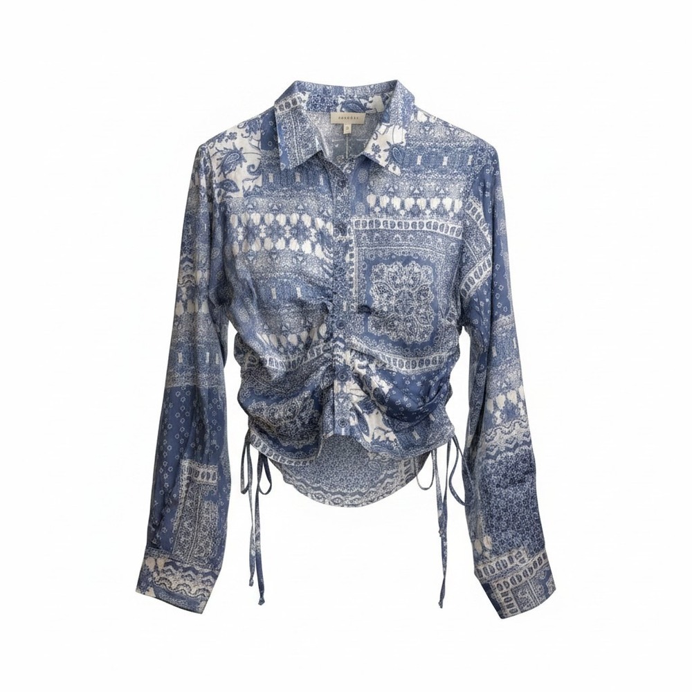 New Promesa Women Button Down Top Medium Blue Paisley Patchwork Ruched Boho West